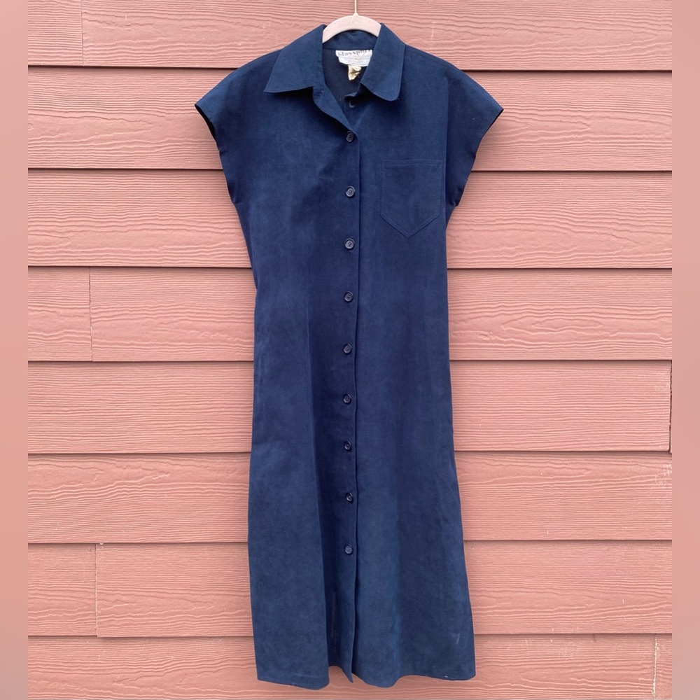 Blassport Ultra Suede Navy Ankle Maxi Collared Leather Button Up Dress Size 12